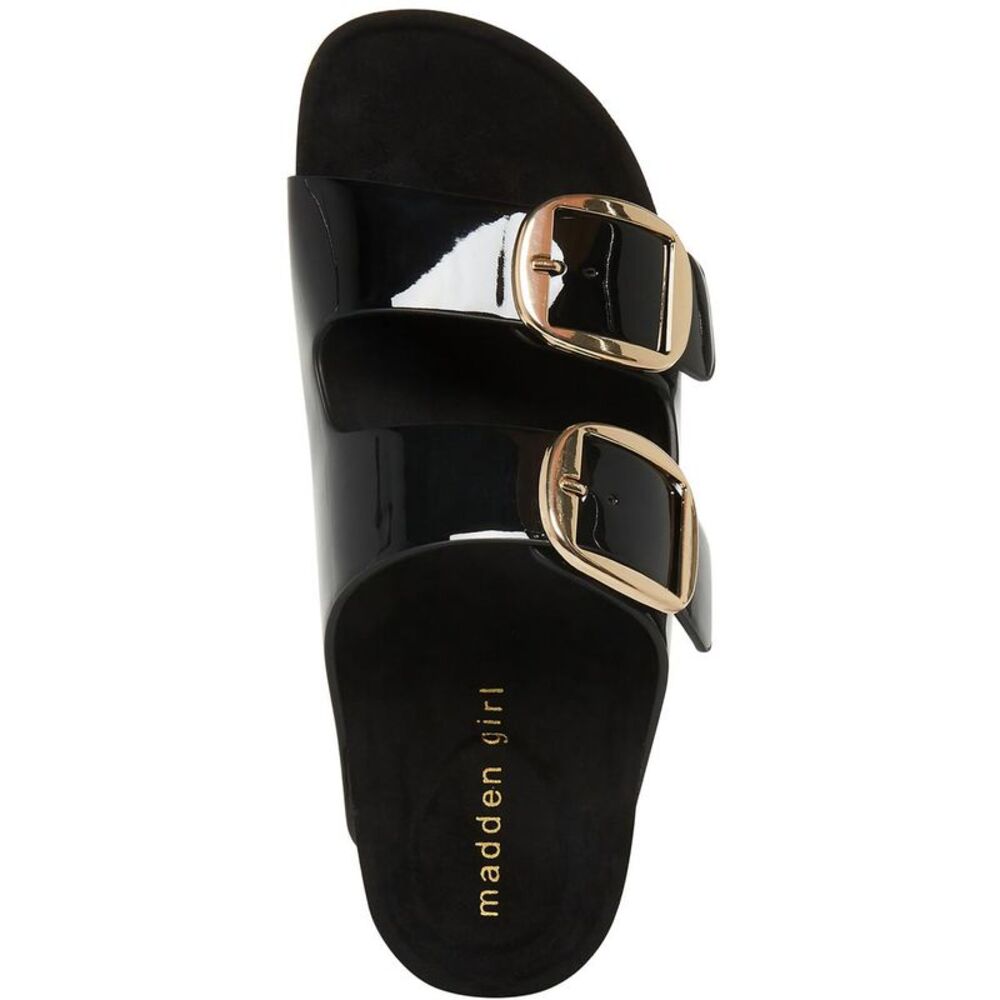 Madden Girl Black Patent Slide Sandals with Gold Buckles - Picture 3 of 3